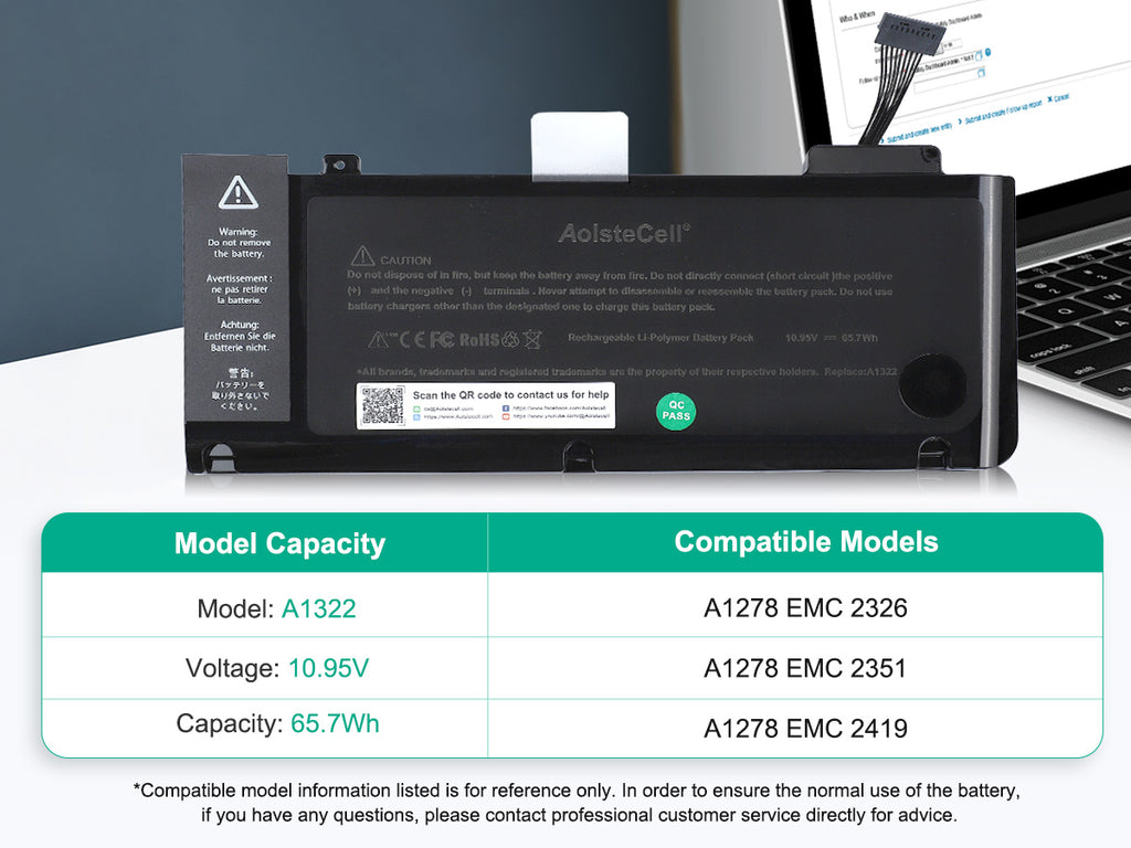 65.7Wh A1322 Battery for Apple MacBook Pro 13 Inch A1278 EMC 2326* EMC 2555*