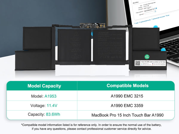 Batterie MacBook Pro 15" A1990 2018-2019 - Compatible A1953, 83.6Wh, 6 Cellules - Pour Touch Bar, Modèles EMC 3215/3359 - 3