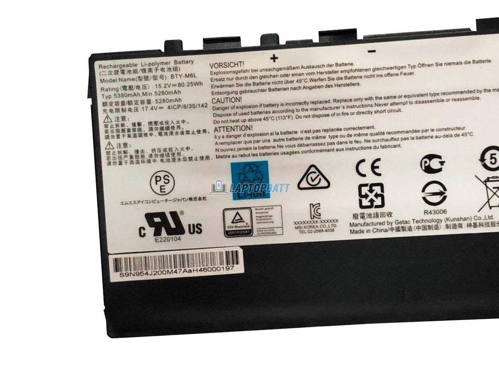 15.2V 80.25Wh MSI BTY-M6L battery